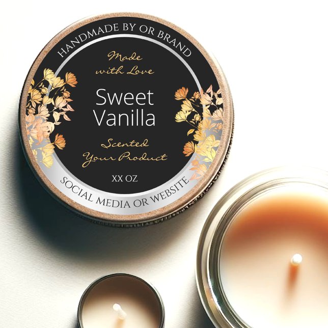 Black Floral Product Packaging Label Orange Silver (Creator Uploaded)