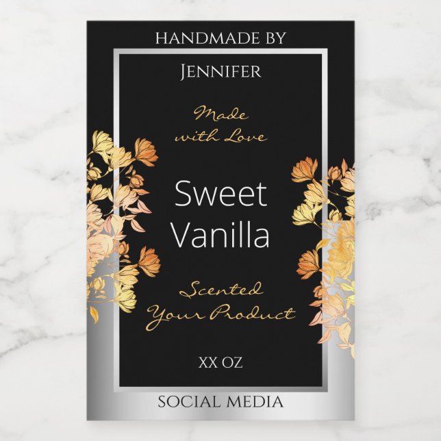 Black Floral Product Packaging Label Orange Silver (Single Label)
