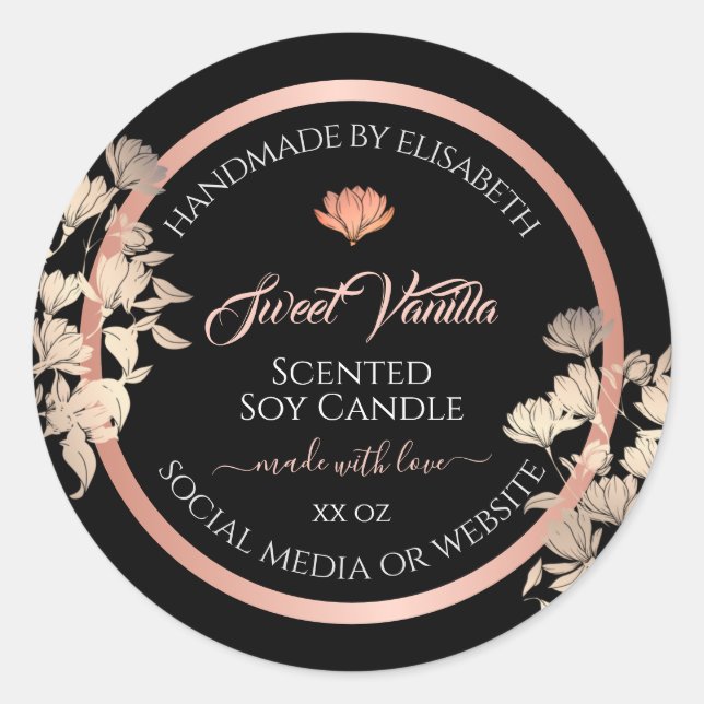 Black Floral Product Packaging Labels Rose Gold (Front)