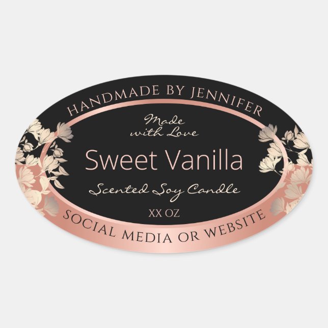 Black Floral Product Packaging Labels Rose Gold (Front)