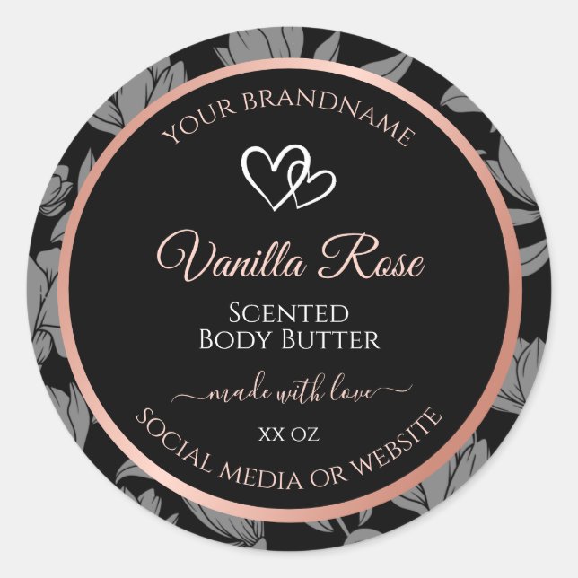 Black Floral Product Packaging Labels Rose Gold (Front)