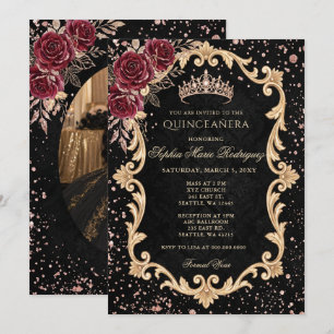 Black Floral Red Rose Gold Tiara Photo Quinceanera Invitation
