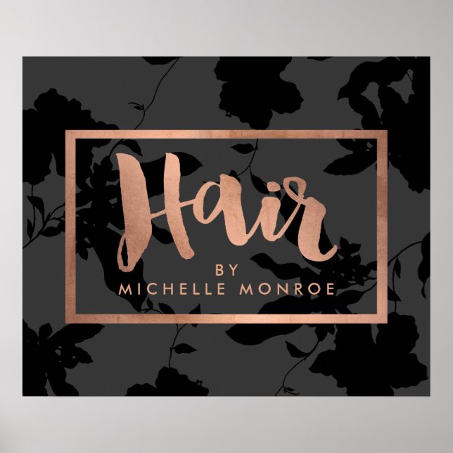 Black Floral Rose Gold Text Hair Stylist Poster (Front)