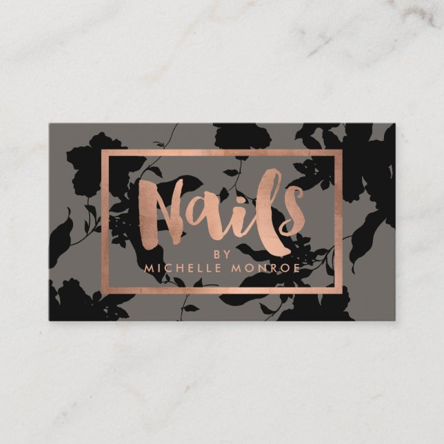 Black Floral Rose Gold Text Nail Salon Grey Business Card (Front)