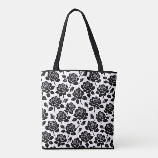 Black Floral Rose Print Tote Bag