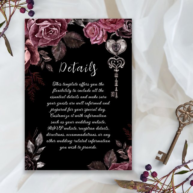 Black Floral  Roses Dark Gothic Wedding Details Enclosure Card (Creator Uploaded)