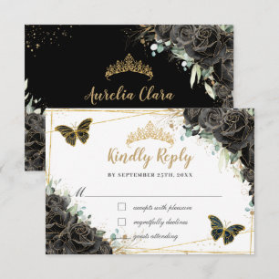 Black Floral Roses Gold Quinceañera Butterflies RSVP Card