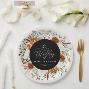 Black floral rustic elegant modern wedding paper plate