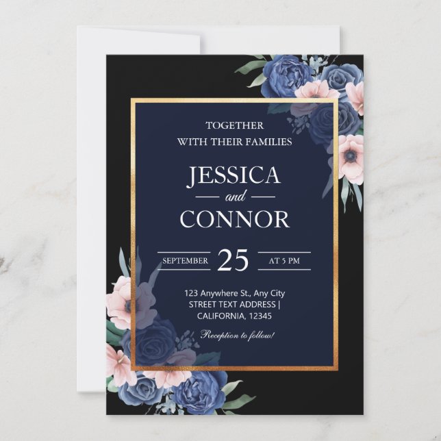 Black Floral rustic Gold elegant modern wedding Invitation (Front)