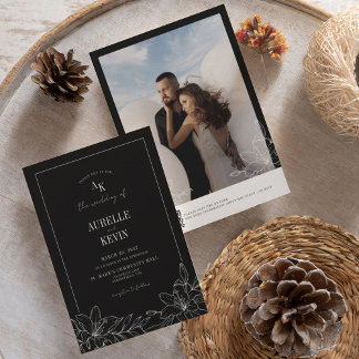 Black Floral Rustic Monogram Photo QR Wedding Invitation