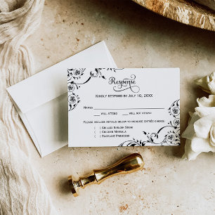 Black Floral Scroll Wedding Meal RSVP Card