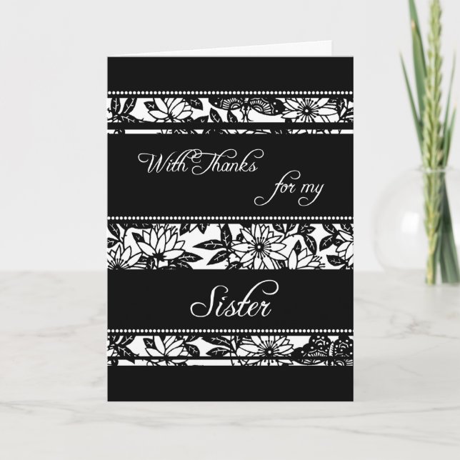 Black  Floral Sister Thank You Maid of Honour Card (Front)
