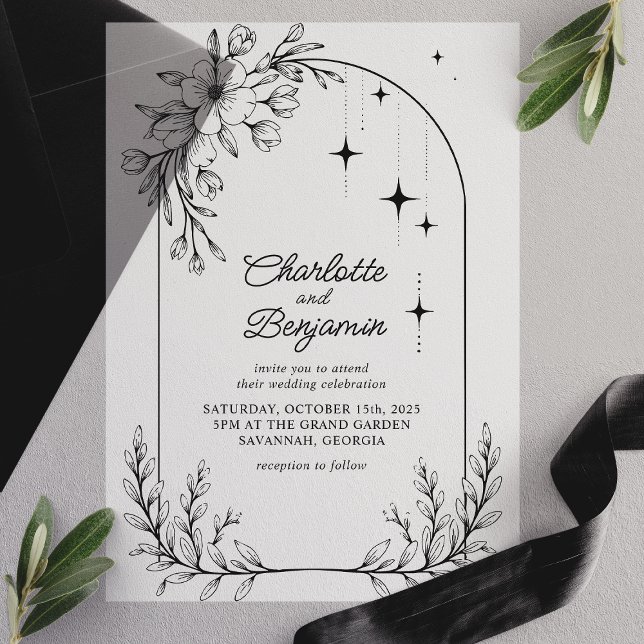 Black Floral Star Modern Arch Wedding Vellum Invitations (Creator Uploaded)
