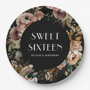 Black & Floral Sweet Sixteen   Elegant Birthday Paper Plate