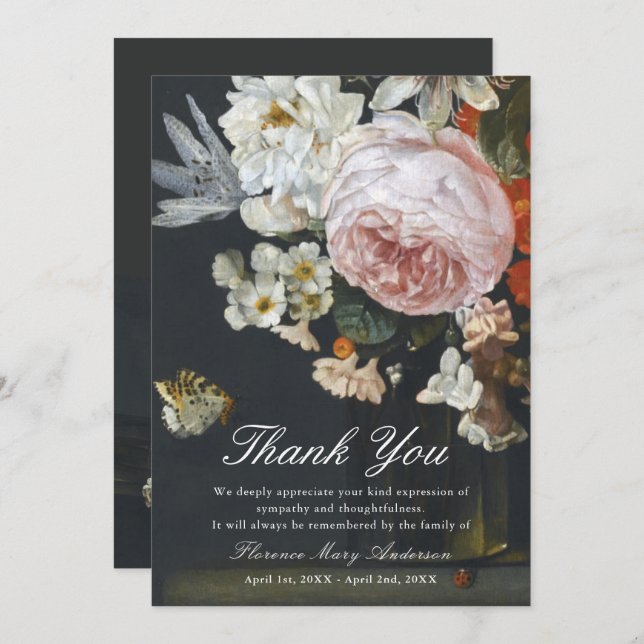 Black Floral Sympathy Memorial Thank You Card (Front/Back)