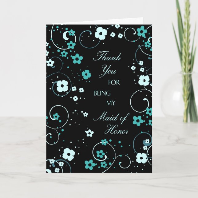 Black Floral Thank You Maid of Honour Card (Front)
