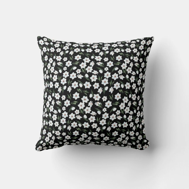 Black floral throw pillow with white flowers (Back)