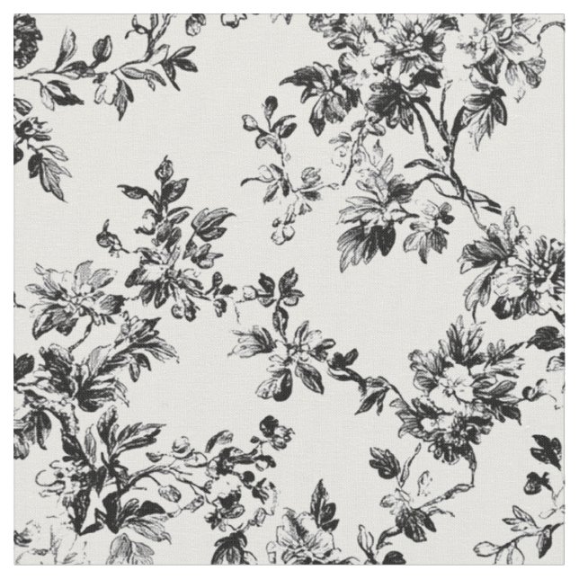 Black Floral Vine Toile Pattern Fabric (Close Up)
