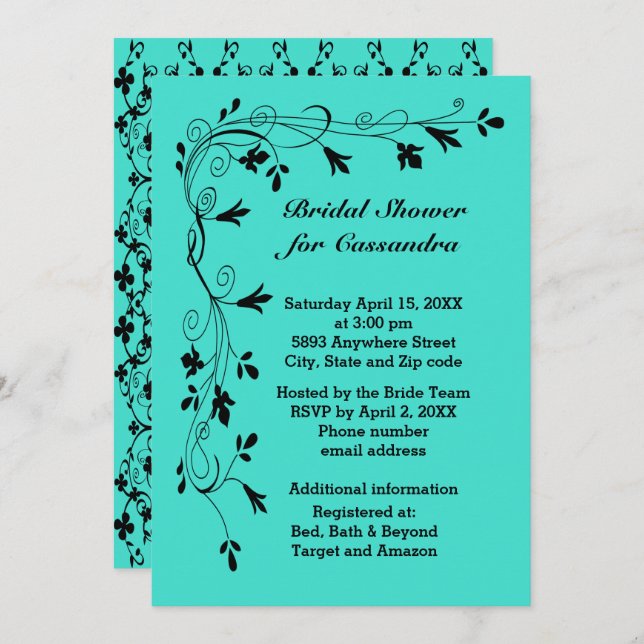 Black Floral Vines Turquoise or Colour Bride Showe Invitation (Front/Back)