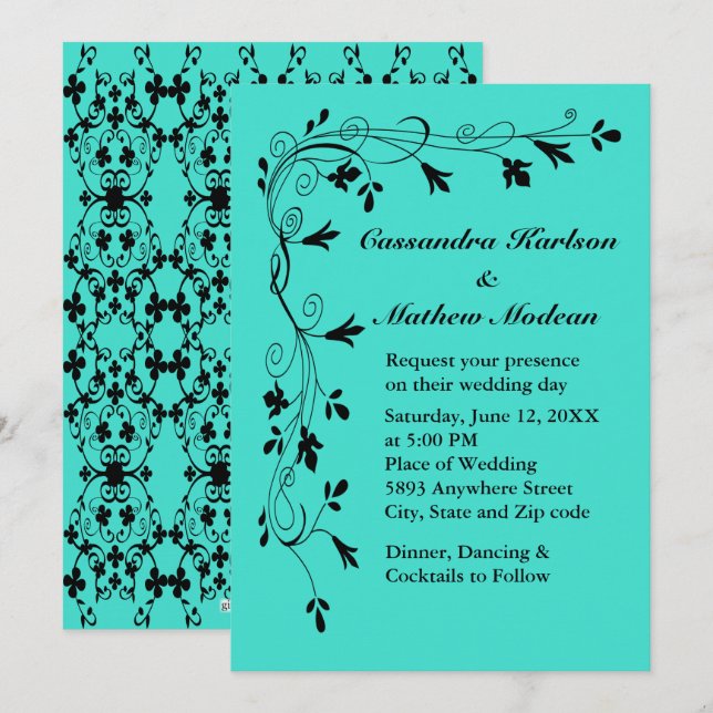 Black Floral Vines Turquoise or Colour Choice Wed Invitation (Front/Back)