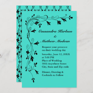 Black Floral Vines Turquoise or Colour Choice Wed Invitation