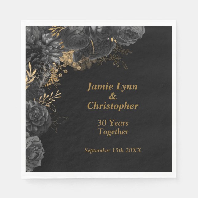 Black Floral Wedding Anniversary Napkins (Front)