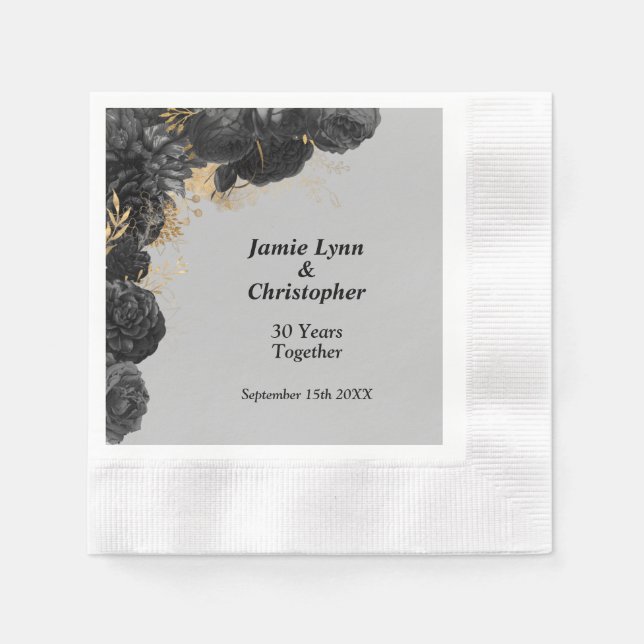 Black Floral Wedding Anniversary Napkins (Front)