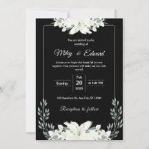 Black Floral Wedding Invitation with White Lily