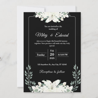 Black Floral Wedding Invitation with White Lily