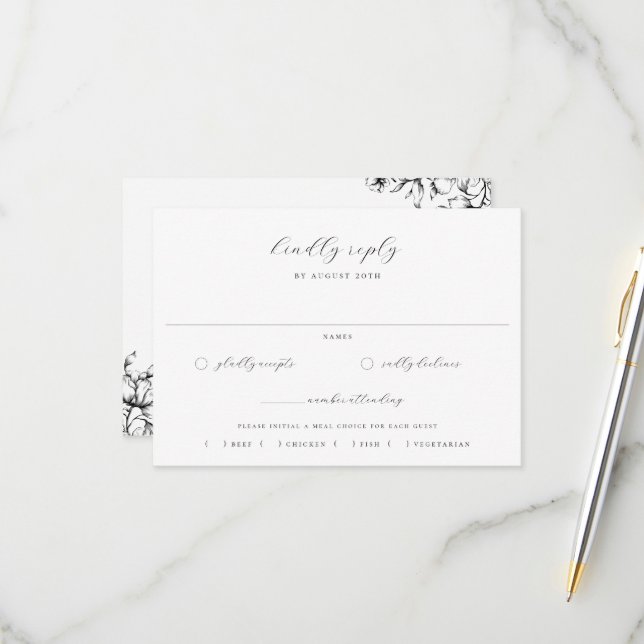 Black Floral Wedding Meal Choice RSVP Card (Front/Back In Situ)