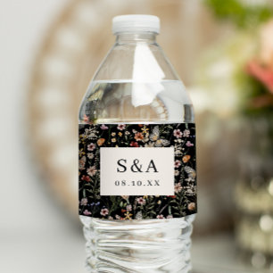 Black Floral Wedding Water Bottle Label