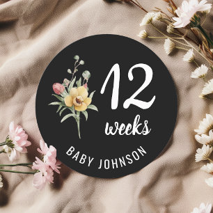 Black Floral Weeks Pregnancy Milestone Round Sign