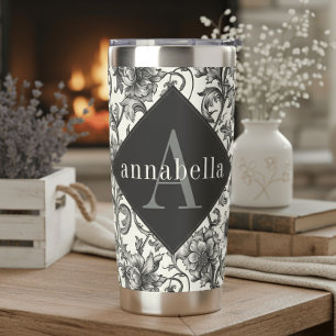 Black Floral William Morris Elegant Monogram Insulated Tumbler