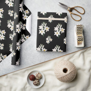 Black Floral with White Lily Pattern Wrapping Paper