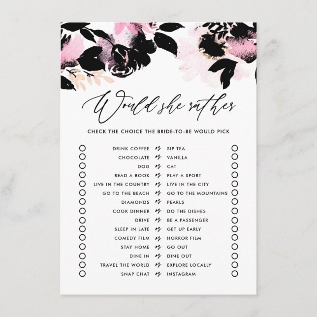 Black Floral Would She Rather Bridal Shower Game Enclosure Card (Front)