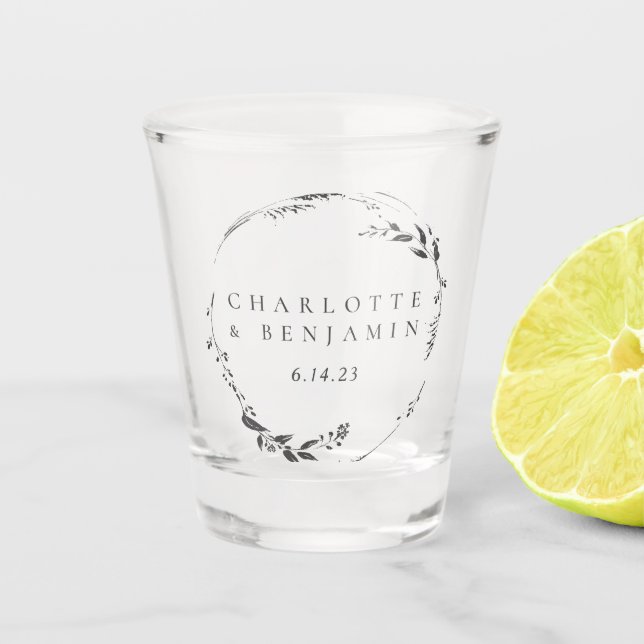 Black Floral Wreath Personalised Wedding Date   Shot Glass (Front)