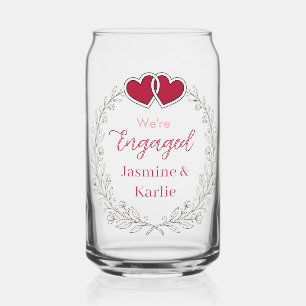 black floral wreath red heart we are engaged name  can glass