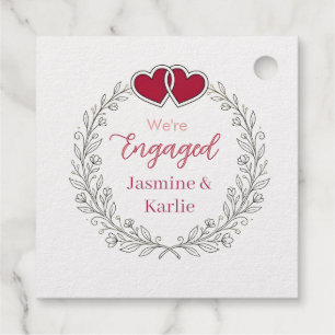 black floral wreath red heart we are engaged name favour tags