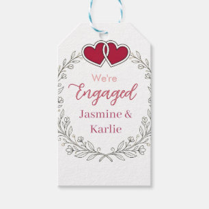black floral wreath red heart we are engaged name gift tags