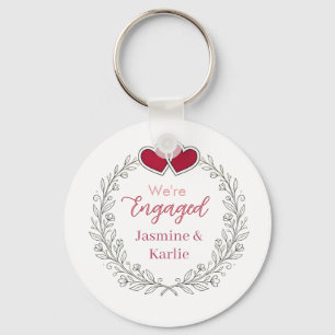 black floral wreath red heart we are engaged name key ring