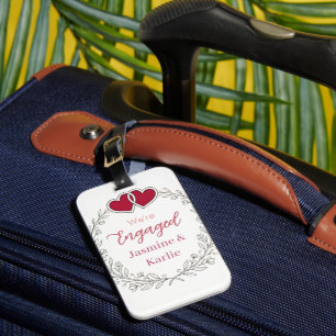 black floral wreath red heart we are engaged name luggage tag