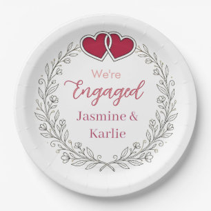 black floral wreath red heart we are engaged name paper plate