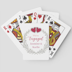 black floral wreath red heart we are engaged name playing cards