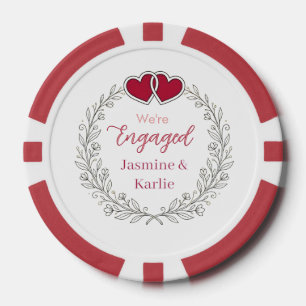 black floral wreath red heart we are engaged name poker chips