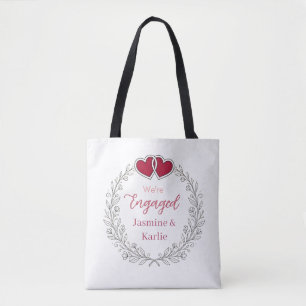 black floral wreath red heart we are engaged name tote bag