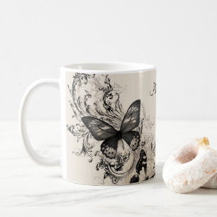 Black Flourish Butterflies  Personalised Coffee Mug