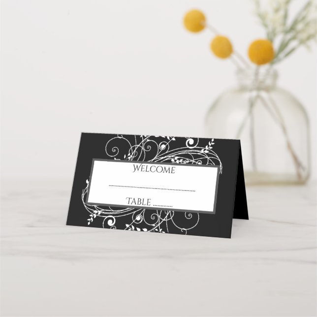 Black Flourish Reception Place Card (Front)
