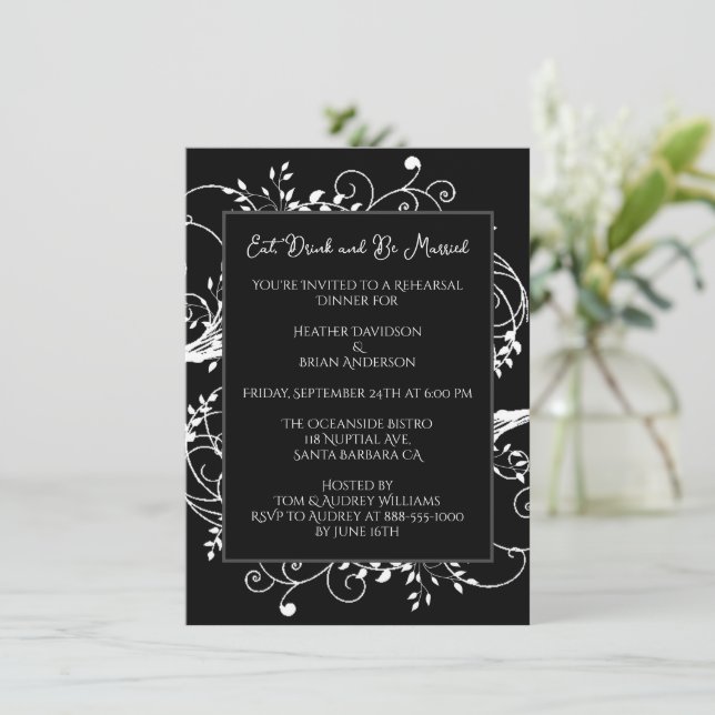 Black Flourish Rehearsal Dinner Invitation (Standing Front)