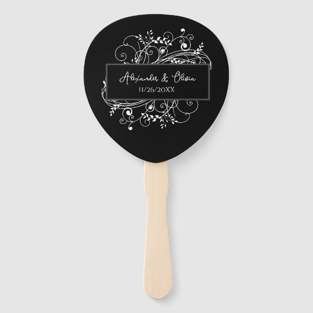 Black Flourish Wedding Favour Hand Fan (Front)