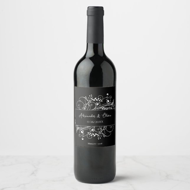 Black Flourish Wedding Wine Label (Front)
